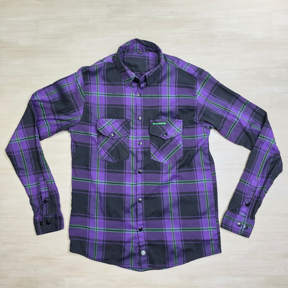 Demons Behind Me Purple Black Green Plaid Flannel Shirt Skull Patch  Large Tall